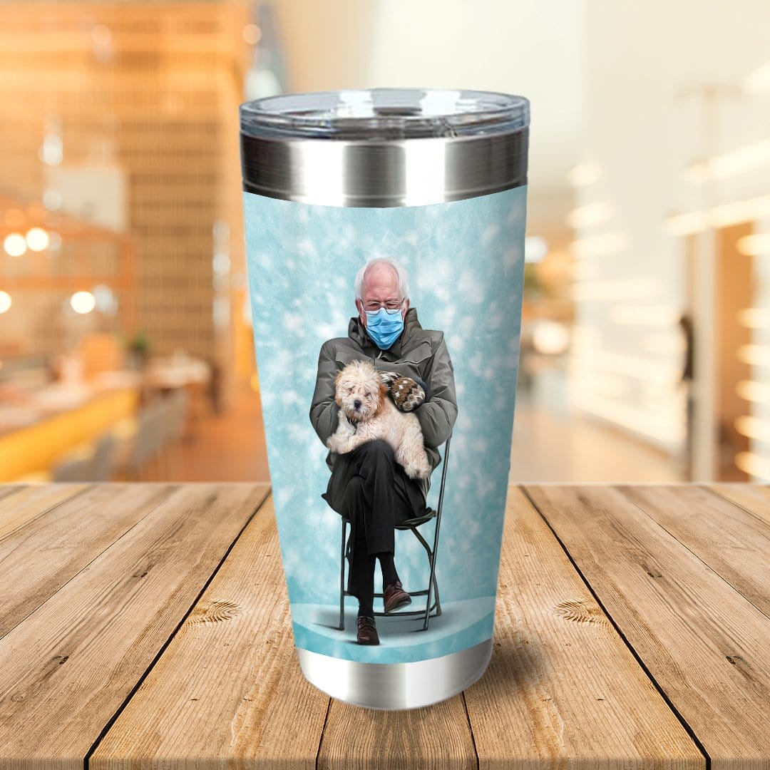 Personalized stainless steel tumbler with a custom portrait of Bernie Sanders holding a dog and turtle.