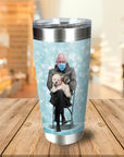 Personalized stainless steel tumbler with a custom portrait of Bernie Sanders holding a dog and turtle.