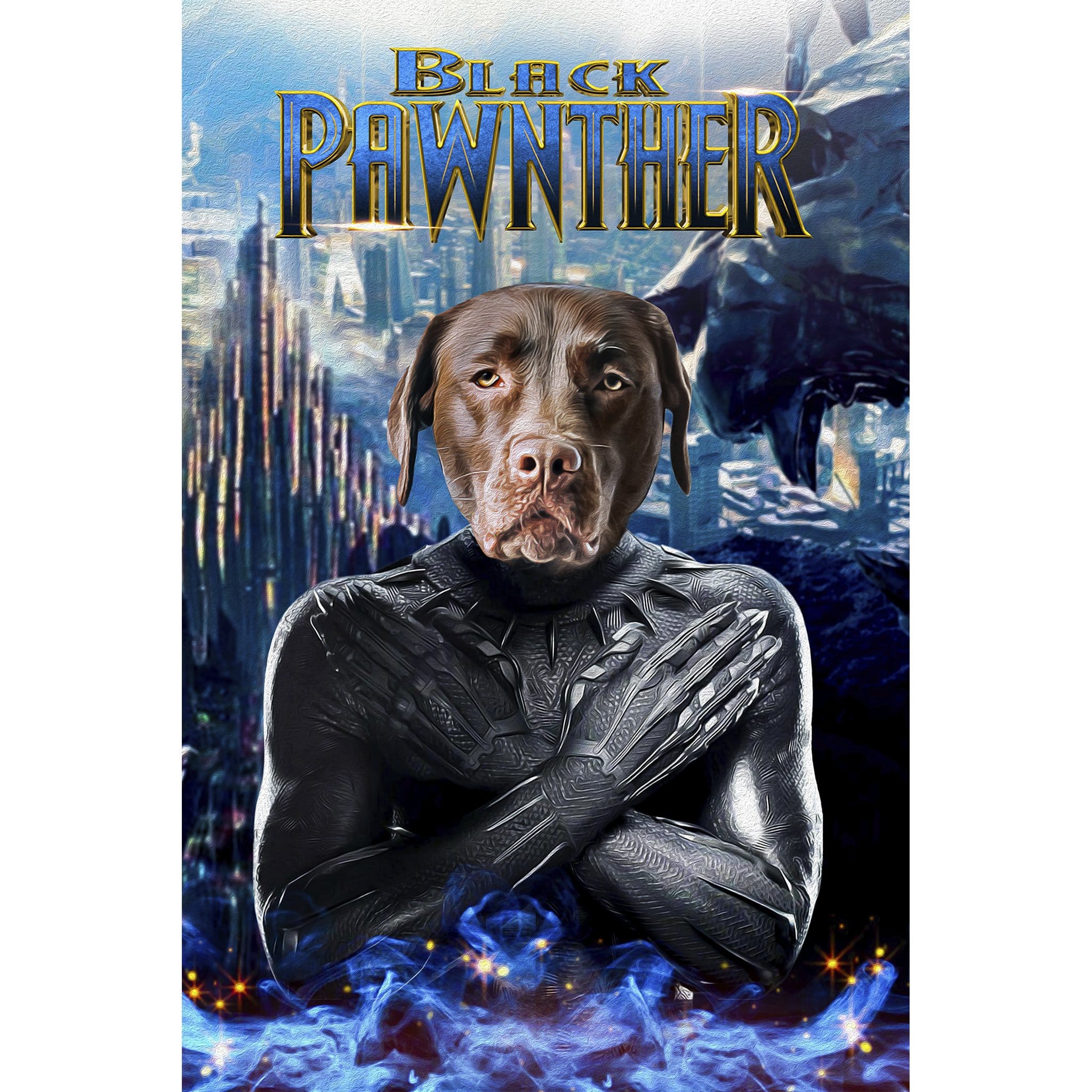 Custom digital portrait of a chocolate lab as Black Panther, with "Black Pawnther" title.