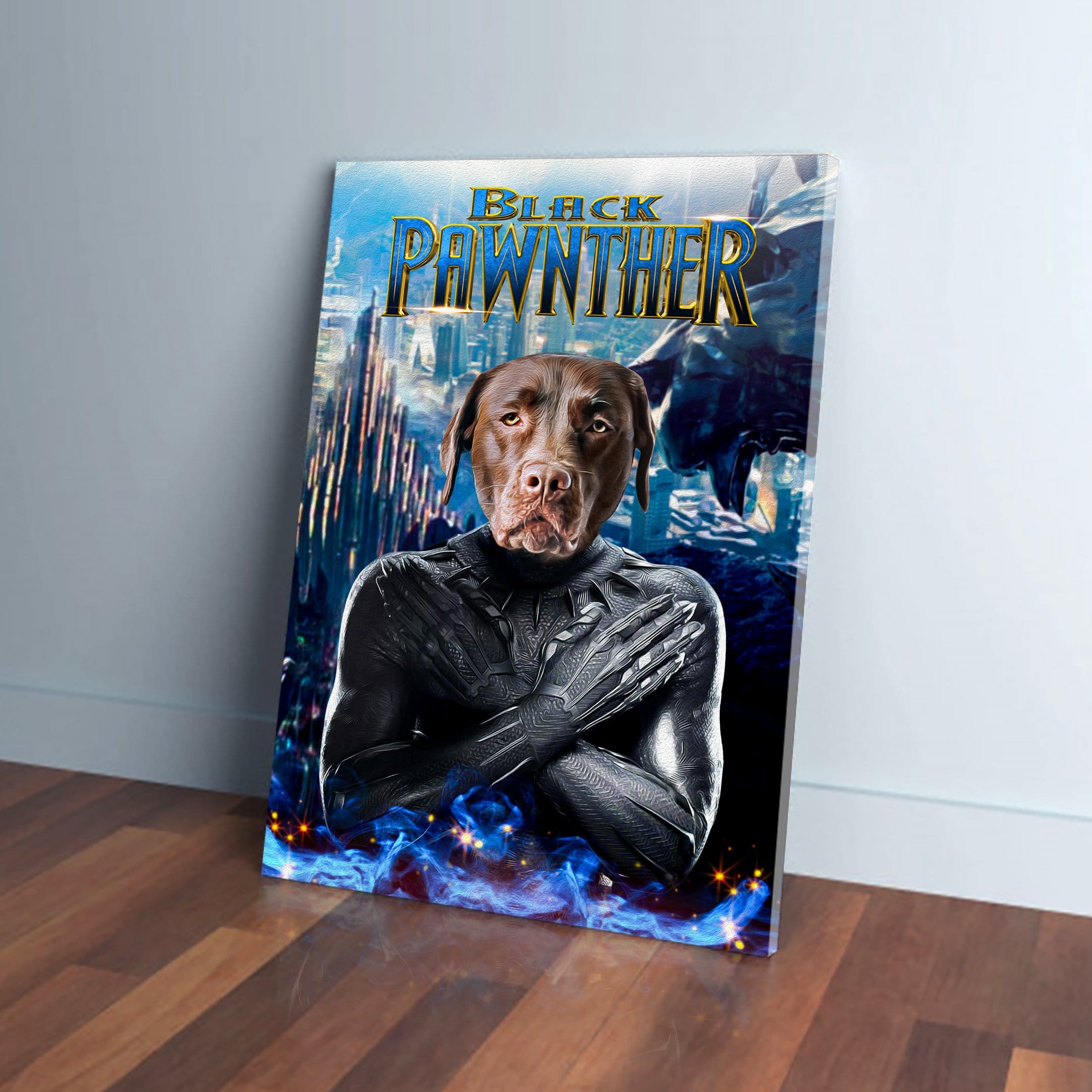 Custom 'Black Pawnther' pet canvas featuring a brown dog's head on a superhero body with blue flames.