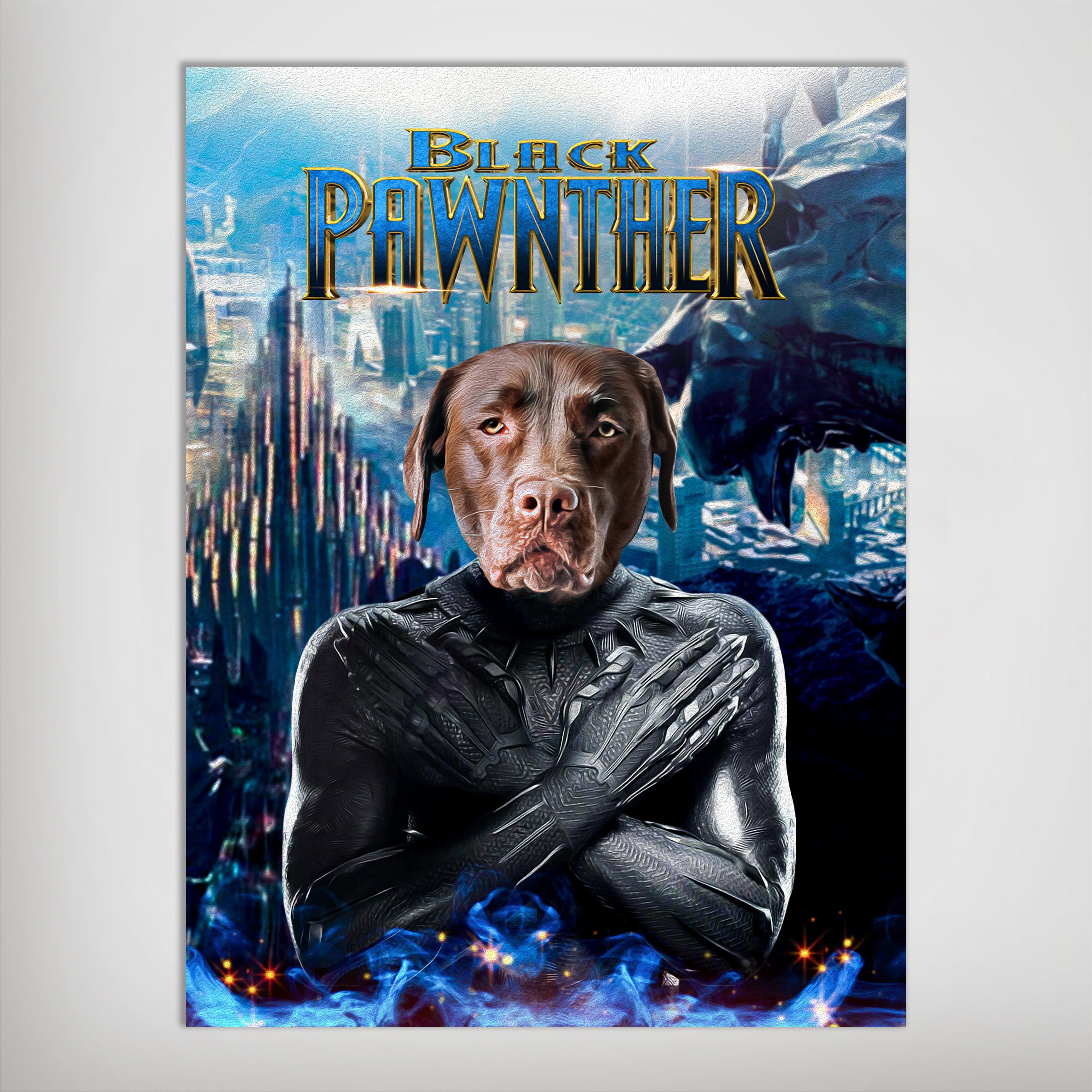 Personalized 'Black Pawnther' poster featuring a brown dog's head on a superhero body.