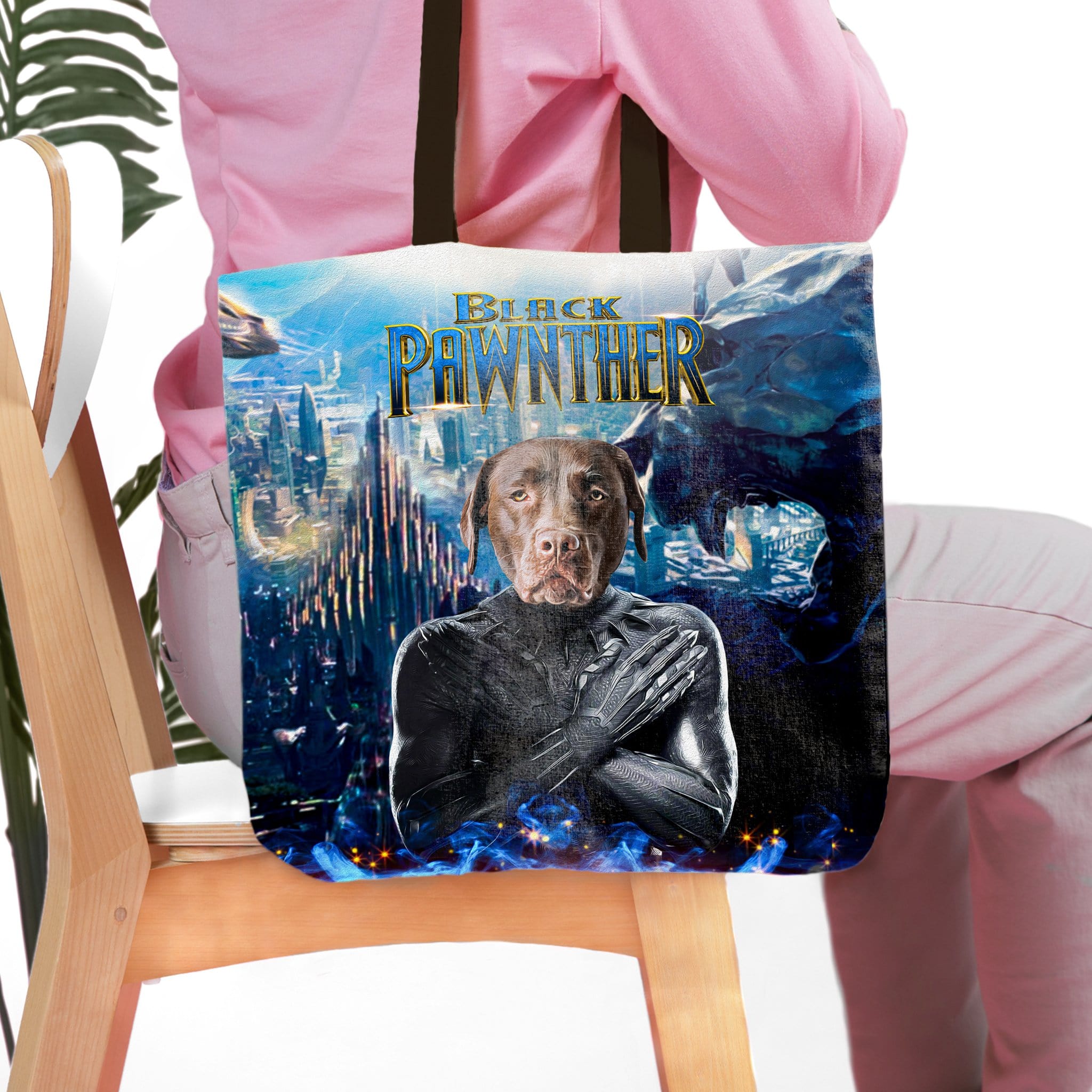 Personalized "Black Pawnther" tote bag featuring a custom chocolate lab pet portrait in a superhero suit.