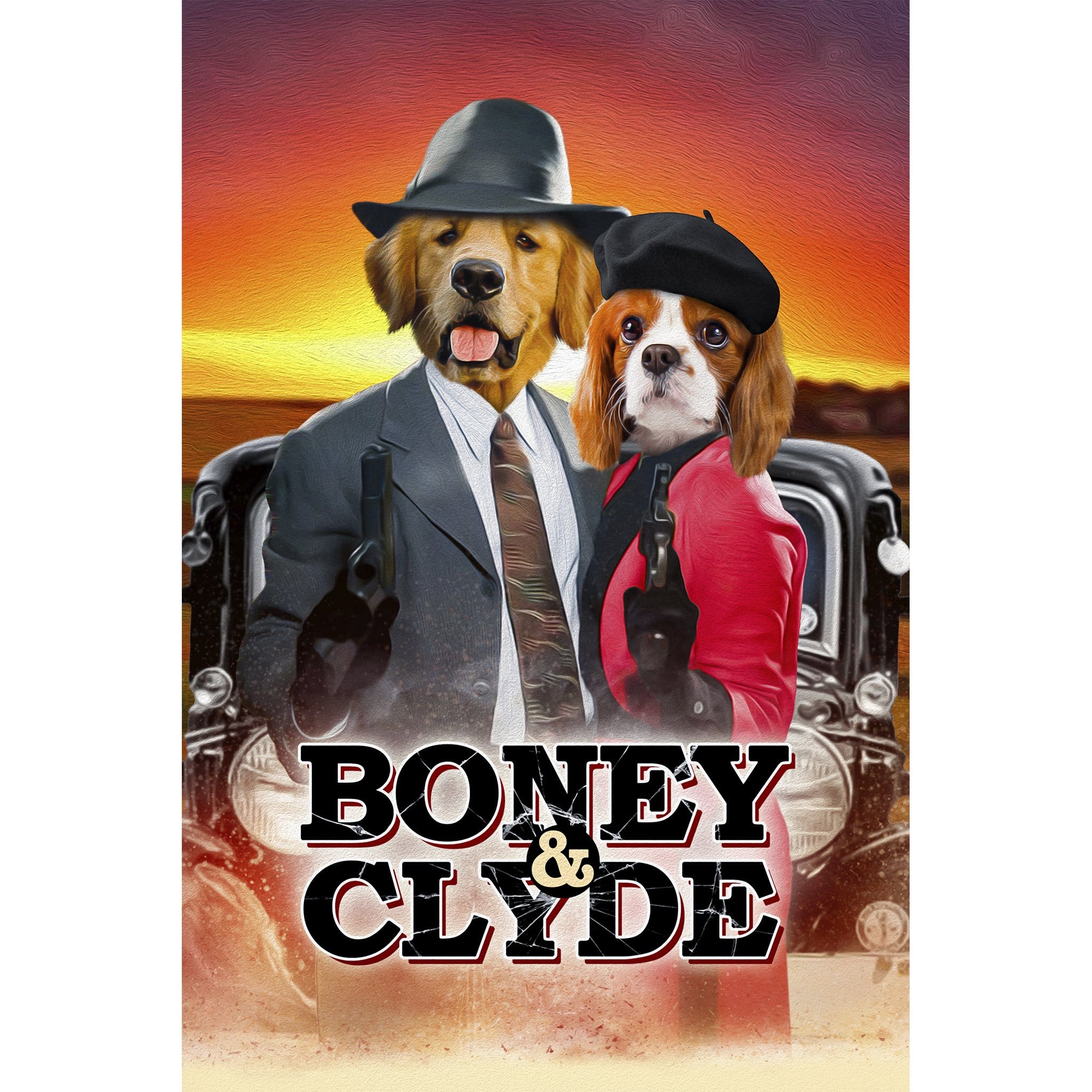 Custom digital portrait of two pets, a golden retriever and a cavalier, dressed as Boney and Clyde.