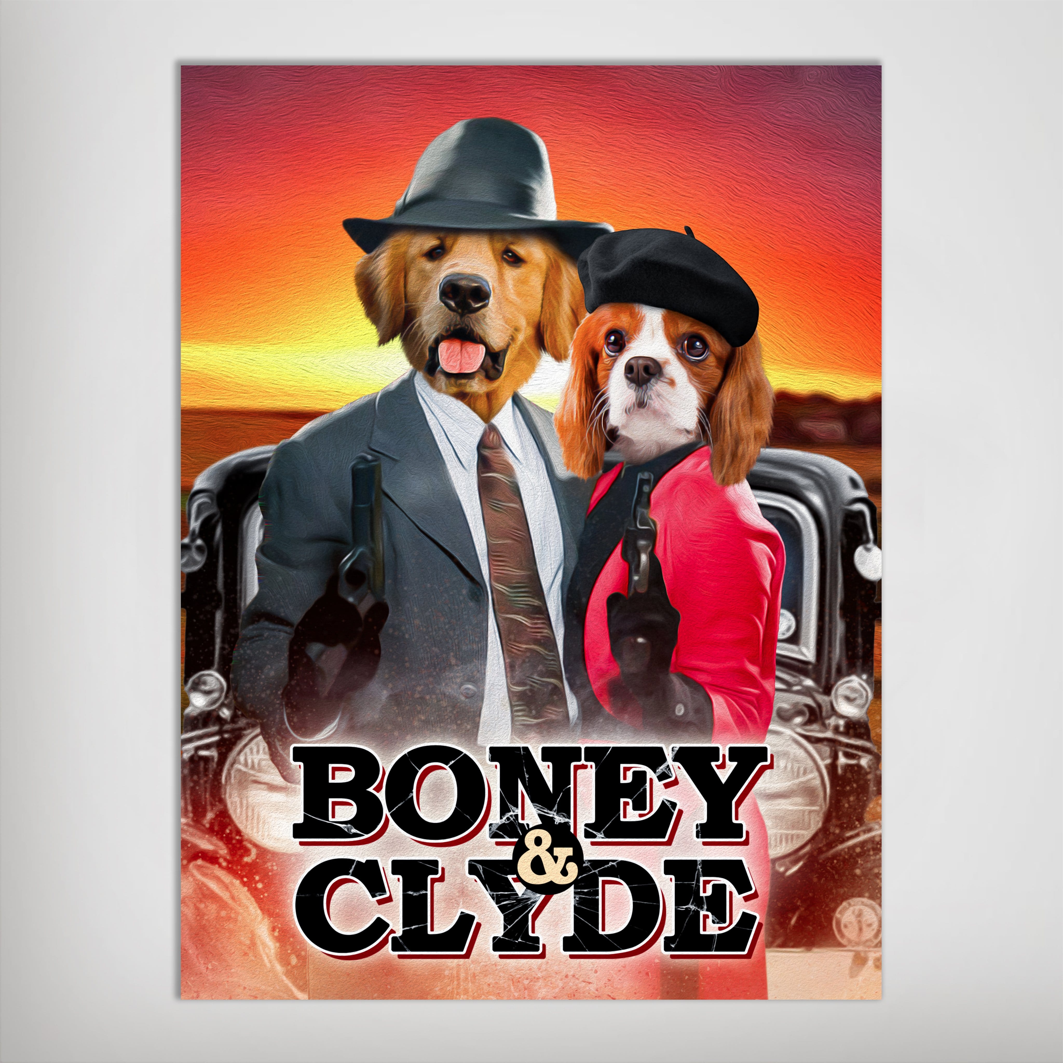 Personalized 'Boney and Clyde' poster featuring two pets dressed as gangsters, with a classic car and sunset.