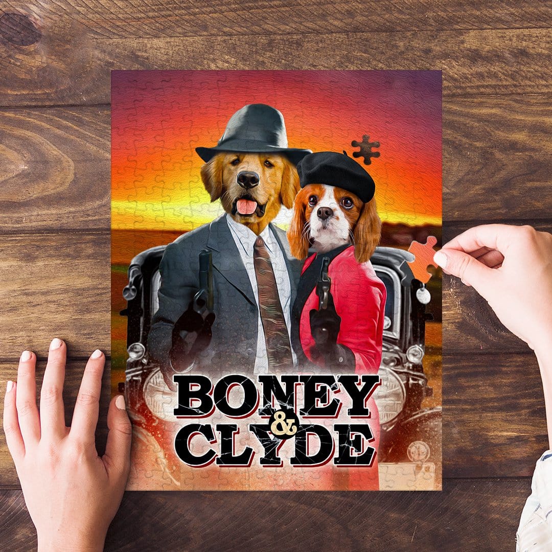 Personalized 'Boney and Clyde' 2 pet puzzle featuring dogs in gangster outfits against a sunset.