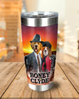 Personalized stainless steel tumbler with two dogs dressed as "Boney & Clyde" in a sunset scene.