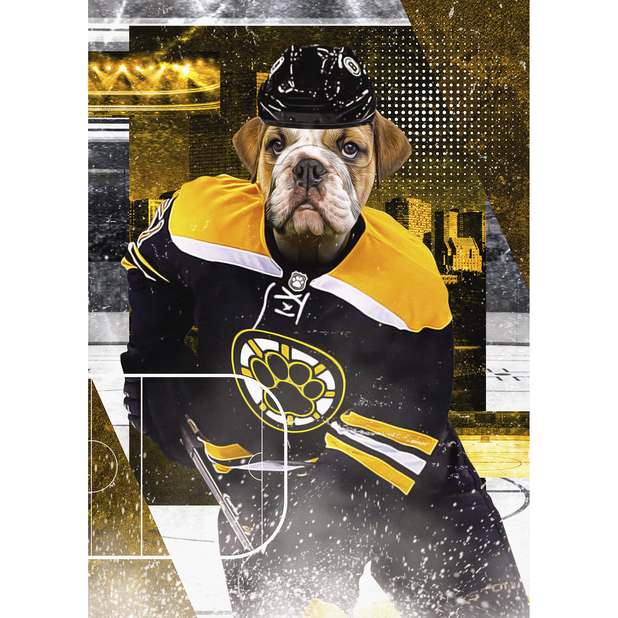 Personalized digital portrait of a bulldog in a black and yellow hockey jersey and helmet.