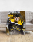 Personalized pet blanket with a bulldog in a Boston Bruins hockey uniform portrait.