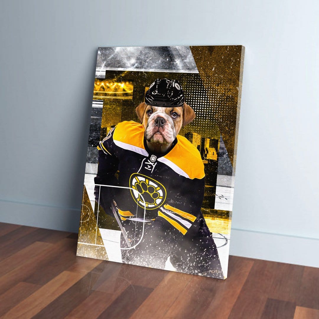 Personalized 'Boston Chewins' pet canvas featuring a bulldog in a black and yellow hockey uniform.