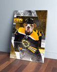 Personalized 'Boston Chewins' pet canvas featuring a bulldog in a black and yellow hockey uniform.