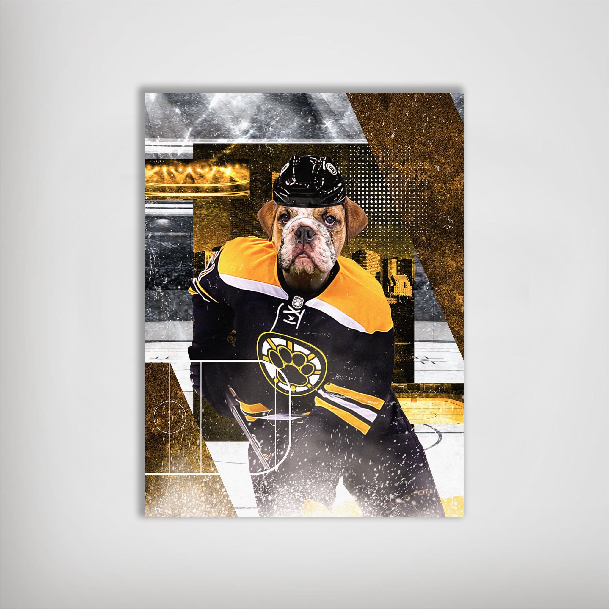 Personalized pet poster featuring a bulldog in a black and gold hockey jersey with a paw print logo.