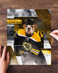 Personalized 'Boston Chewins' pet puzzle featuring a bulldog in a hockey uniform, on a wooden table.
