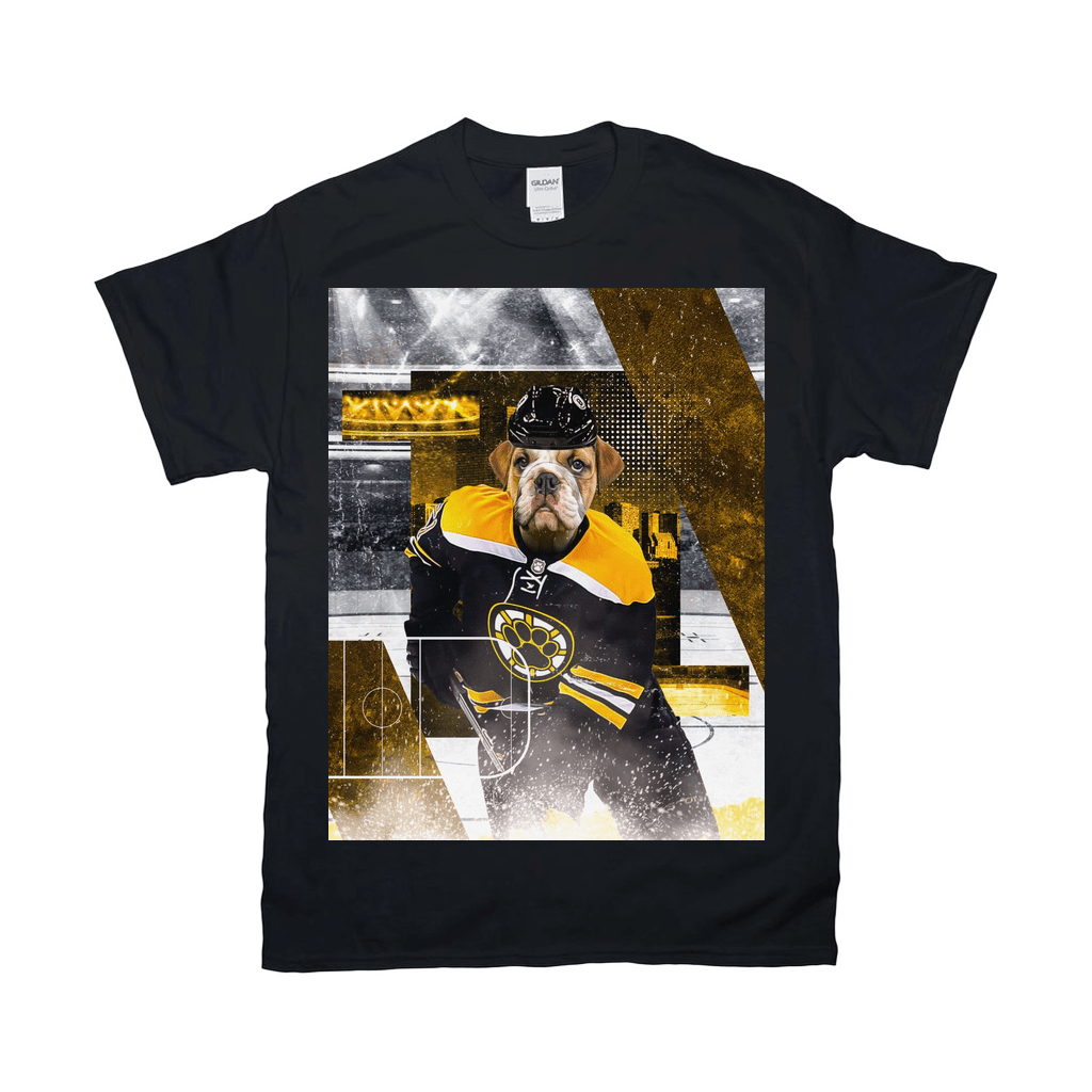 Black Gildan t-shirt featuring a bulldog in a Boston Bruins hockey jersey and helmet, with a gold and white abstract background.