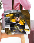 Personalized tote bag with a custom pet portrait of a bulldog in a black and yellow hockey uniform.