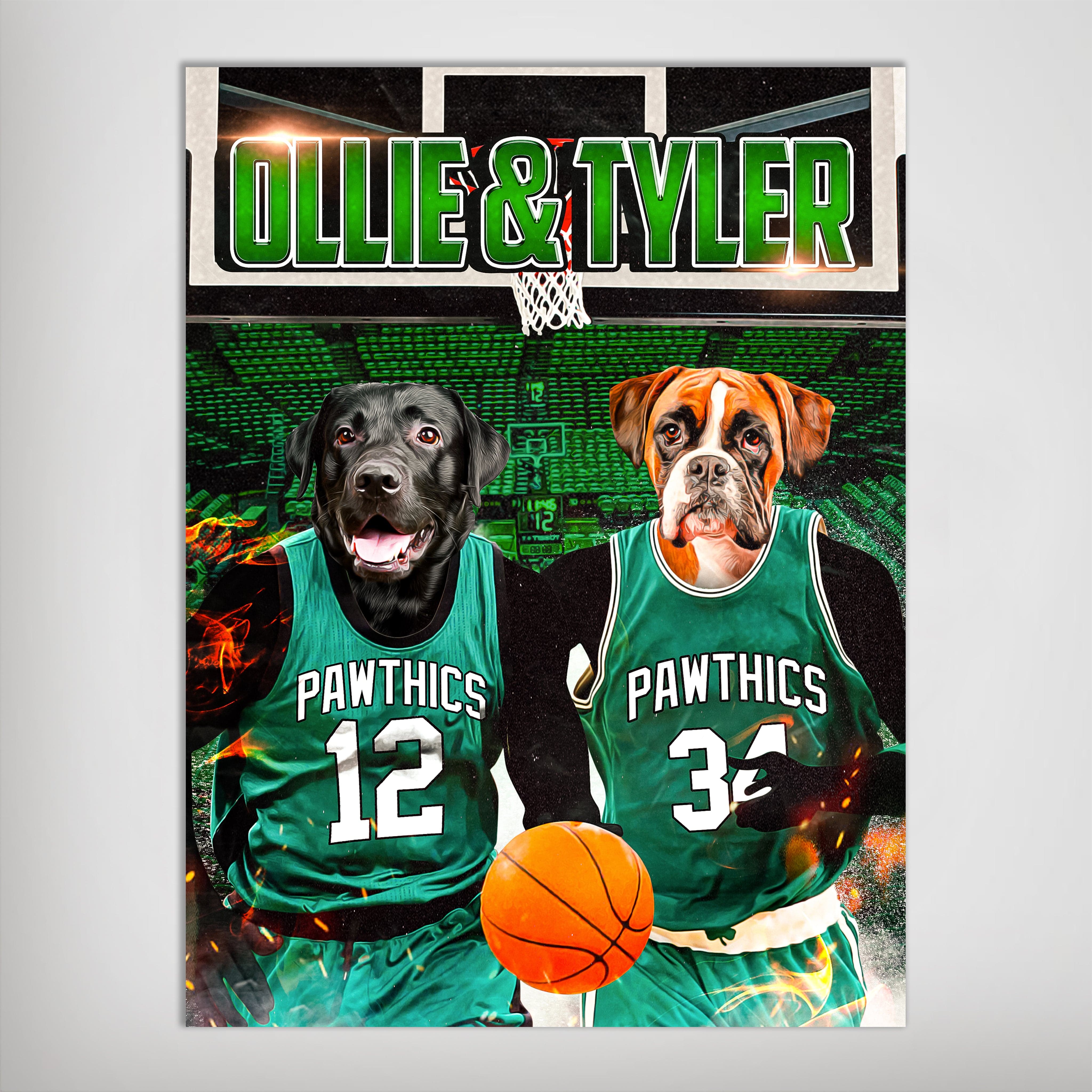 Personalized 'Boston Walkies' poster featuring a black lab and boxer in green basketball jerseys with names "Ollie & Tyler".
