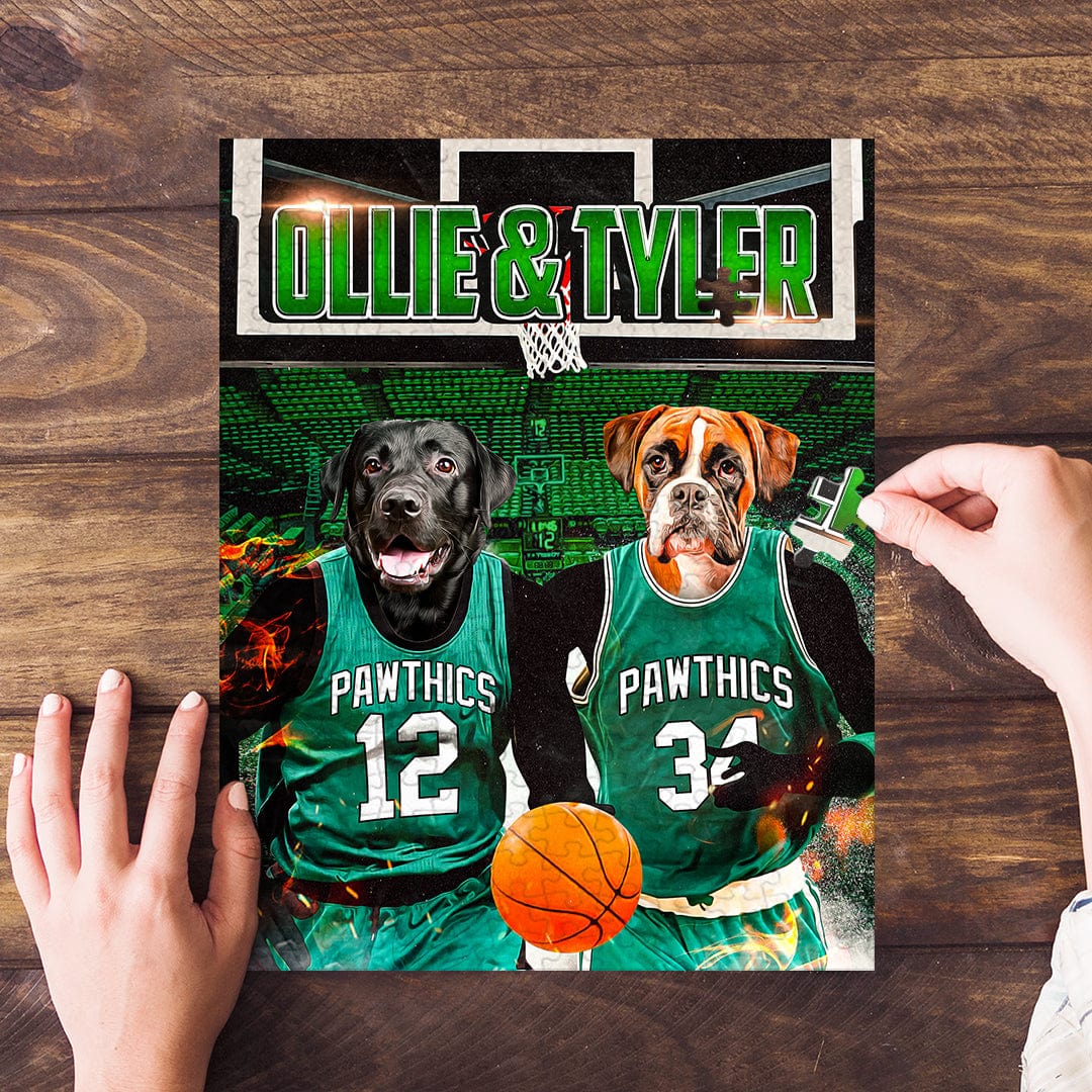 Personalized 2 pet puzzle featuring a black lab and boxer in green basketball jerseys.