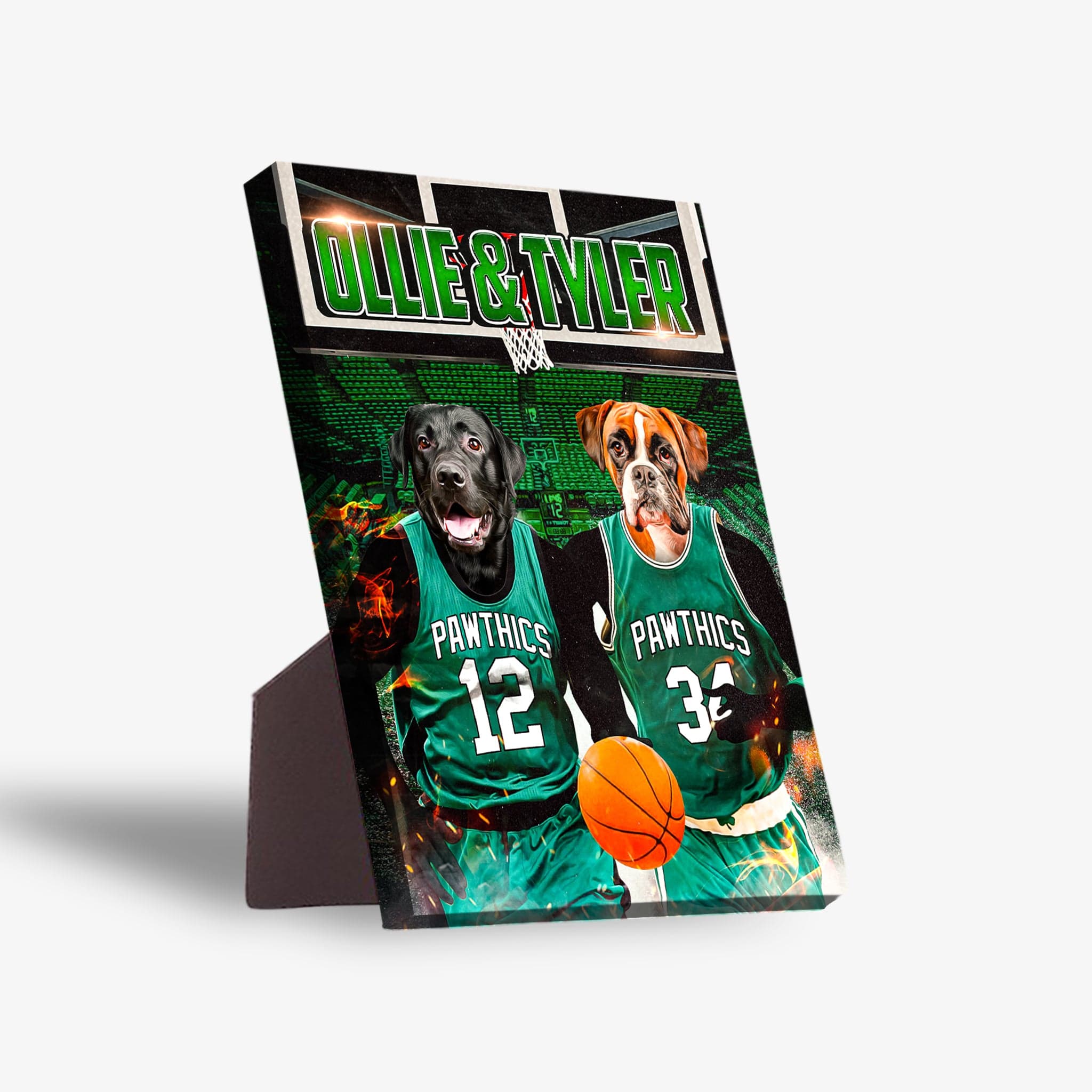 Personalized 'Boston Walkies' standing canvas featuring two pets as basketball players in green jerseys.