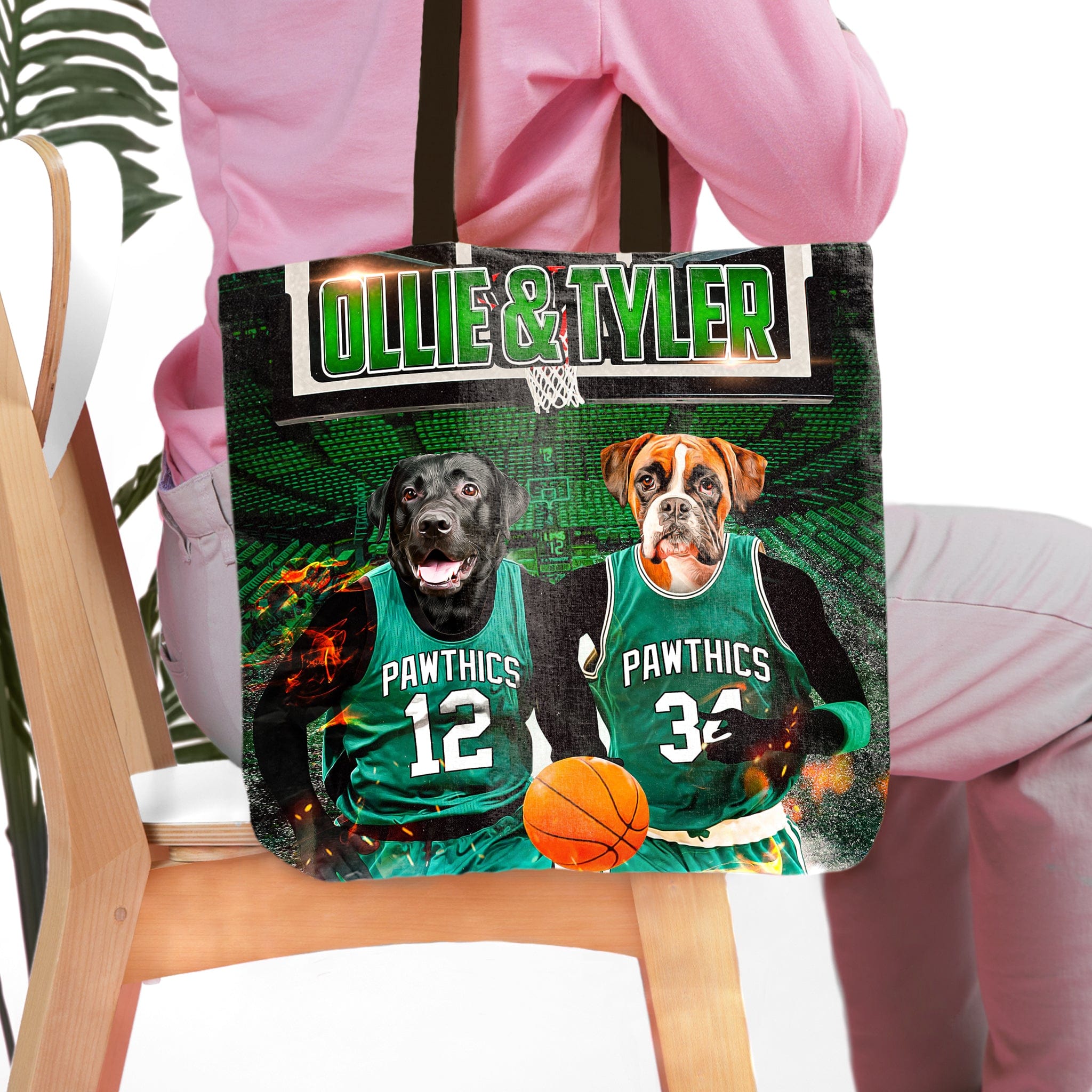 Personalized 'Boston Walkies' tote bag with custom dog portraits in basketball jerseys.