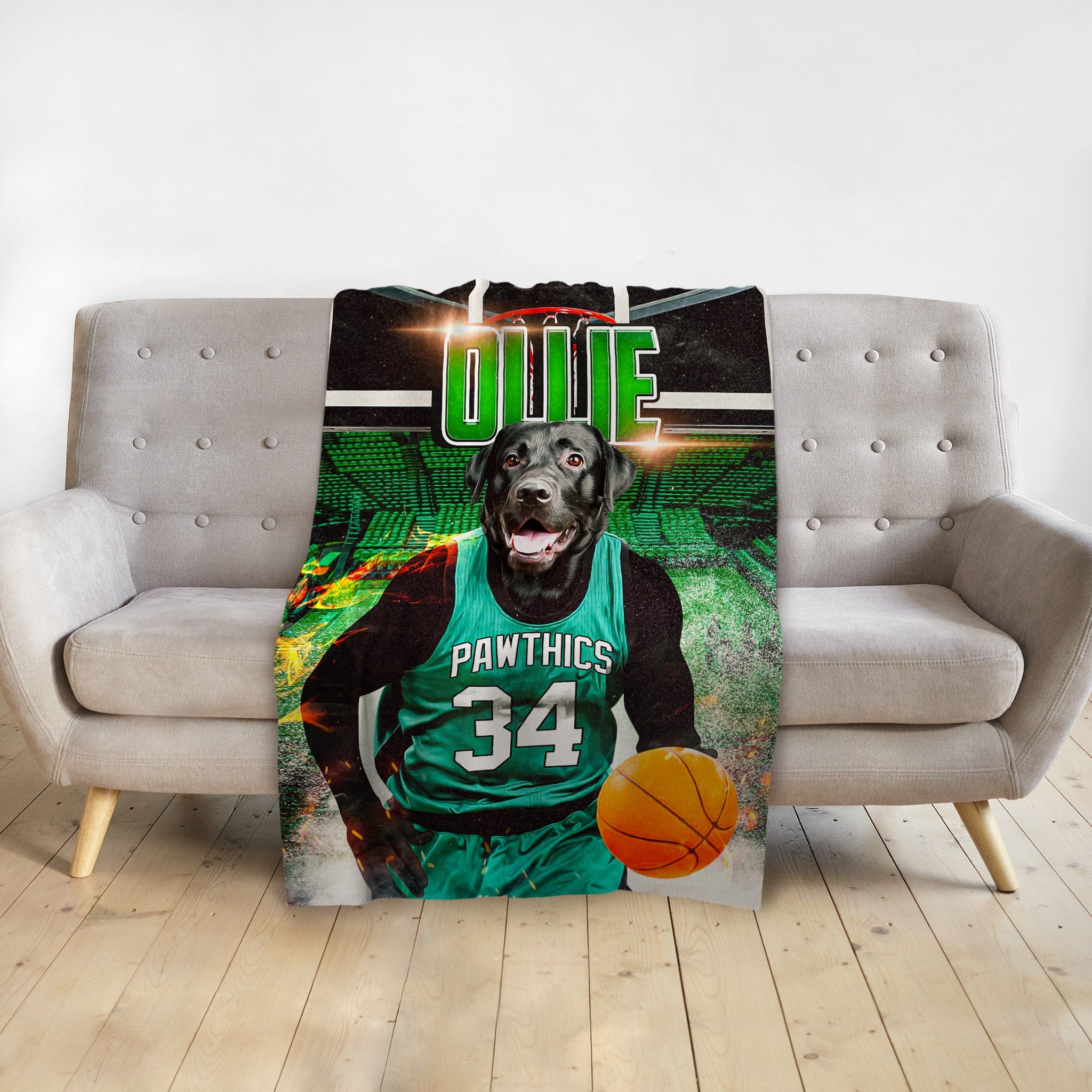 Personalized pet blanket featuring a black lab in a green basketball uniform with a ball, on a court background.
