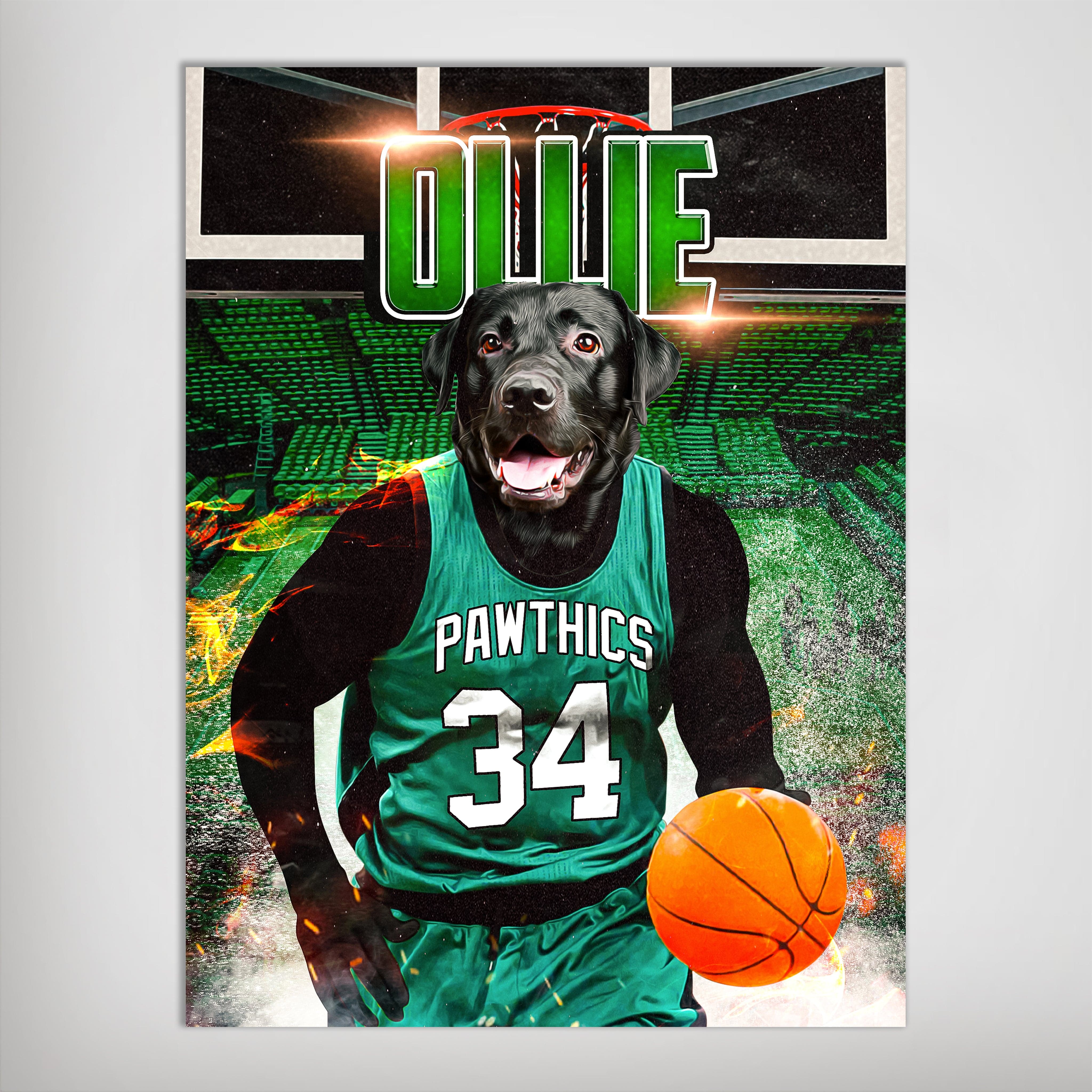 Personalized 'Boston Walkies' pet poster featuring a black dog in a green basketball jersey, dribbling a ball.
