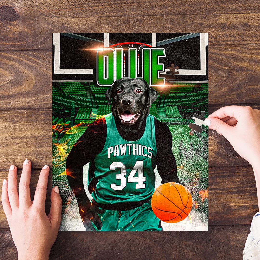 Personalized pet puzzle featuring a black lab dog in a green basketball uniform with a court background.
