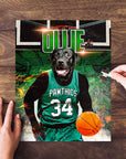 Personalized pet puzzle featuring a black lab dog in a green basketball uniform with a court background.