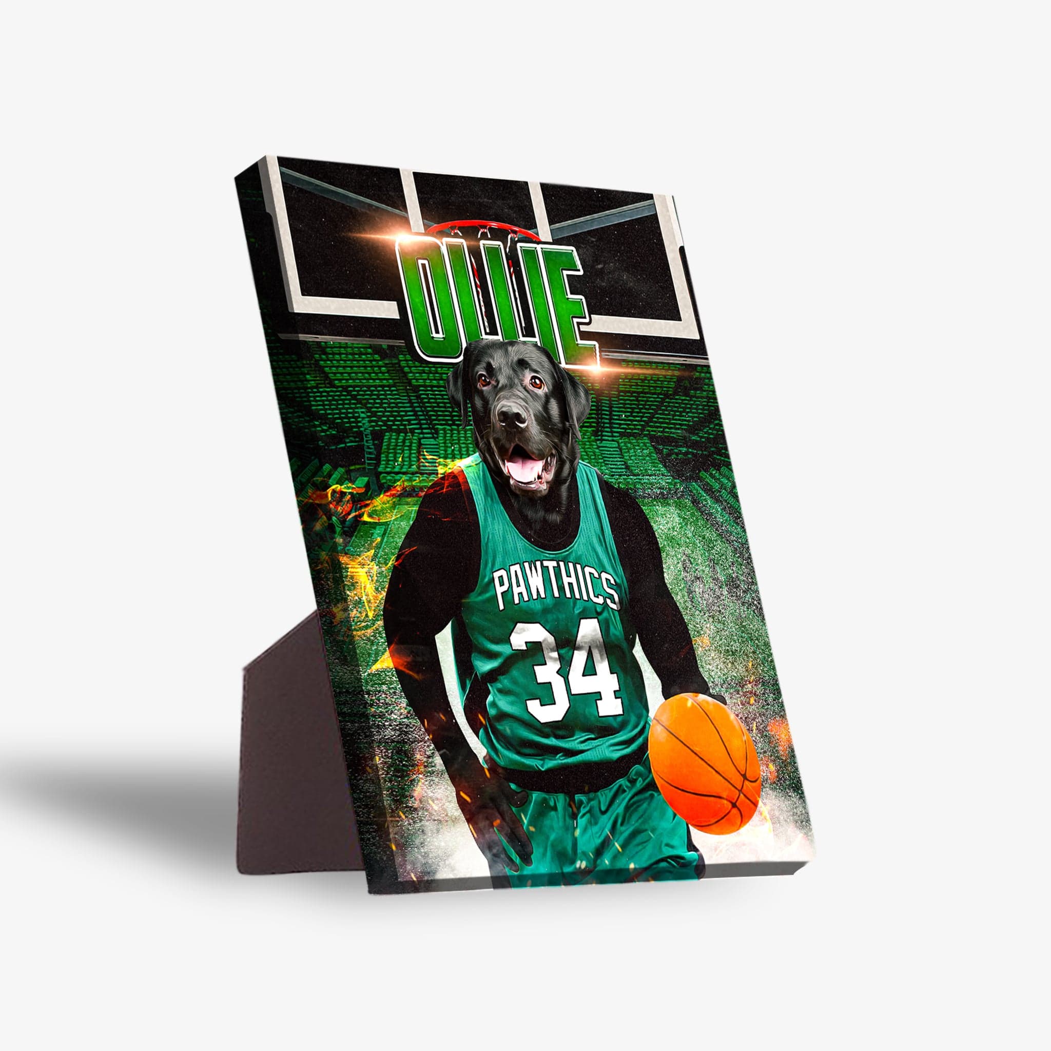Personalized pet standing canvas featuring a black dog in a green basketball jersey holding a ball.