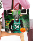 Personalized tote bag with a black lab pet portrait in a green basketball jersey holding a basketball.