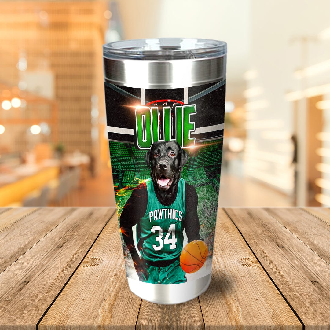 Personalized stainless steel tumbler with a black lab dog in a green basketball uniform holding a ball.
