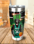 Personalized stainless steel tumbler with a black lab dog in a green basketball uniform holding a ball.