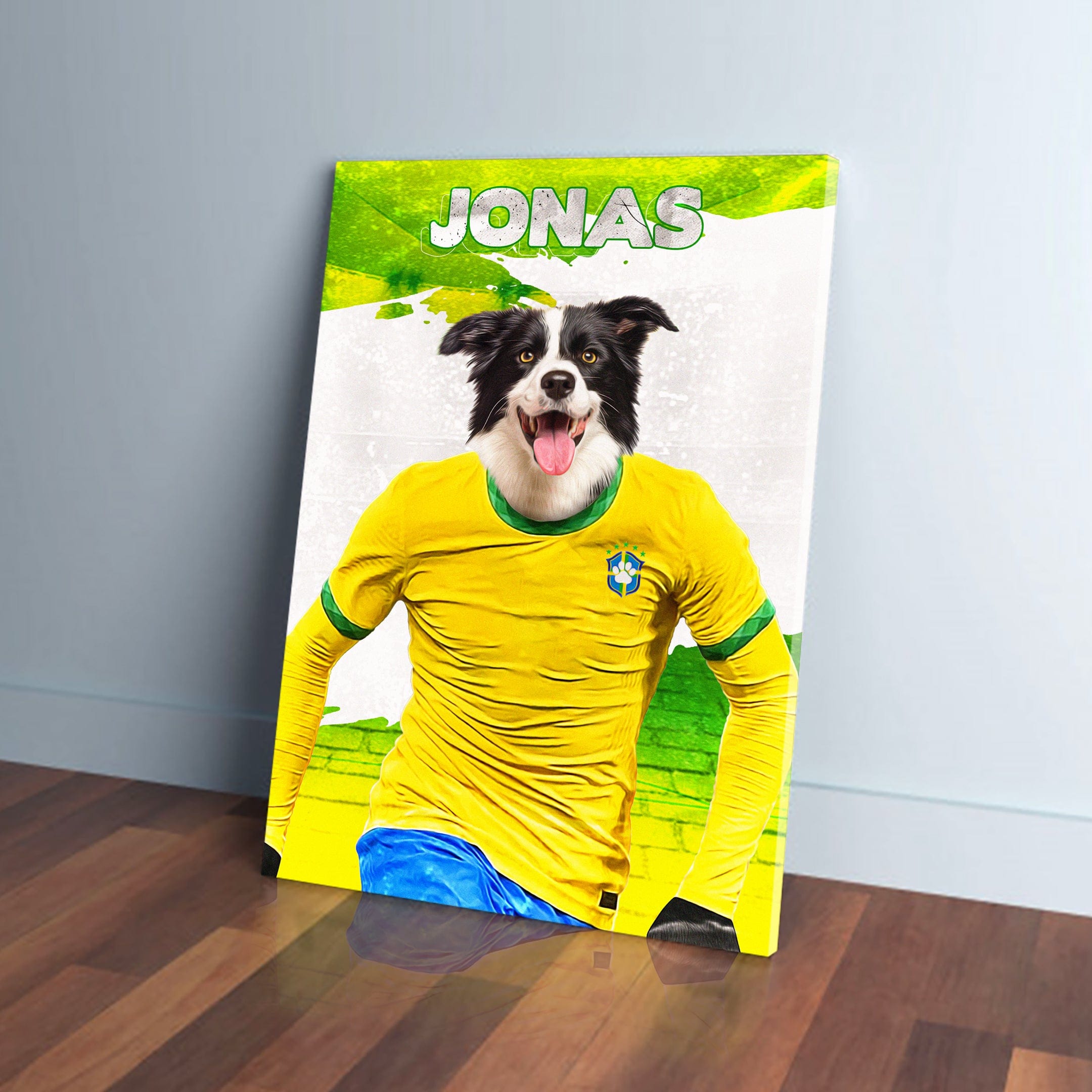 Personalized pet canvas featuring a Border Collie in a yellow Brazil soccer jersey, with "JONAS" at the top.
