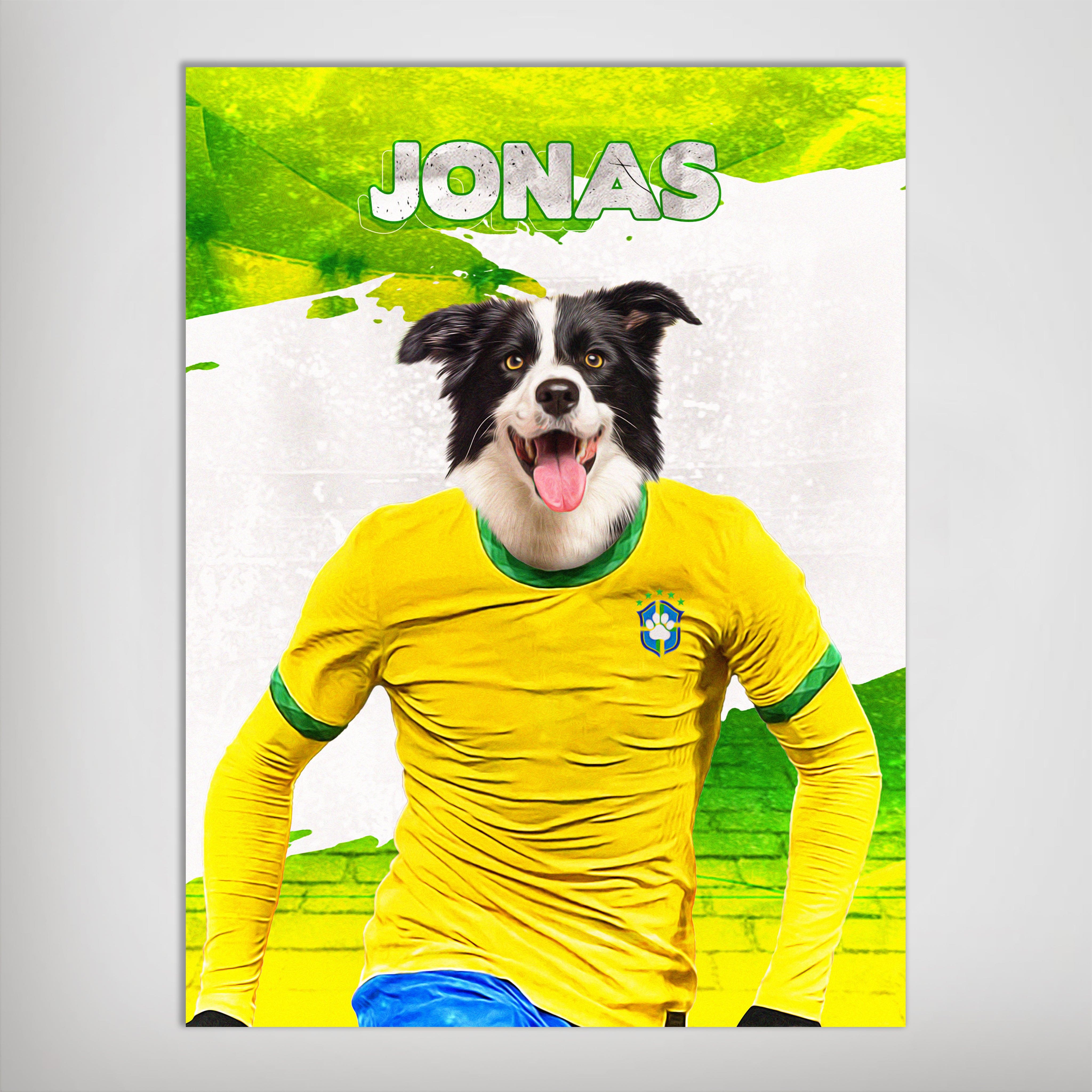 Personalized pet poster featuring a Border Collie in a yellow Brazil soccer jersey with "JONAS" at the top.