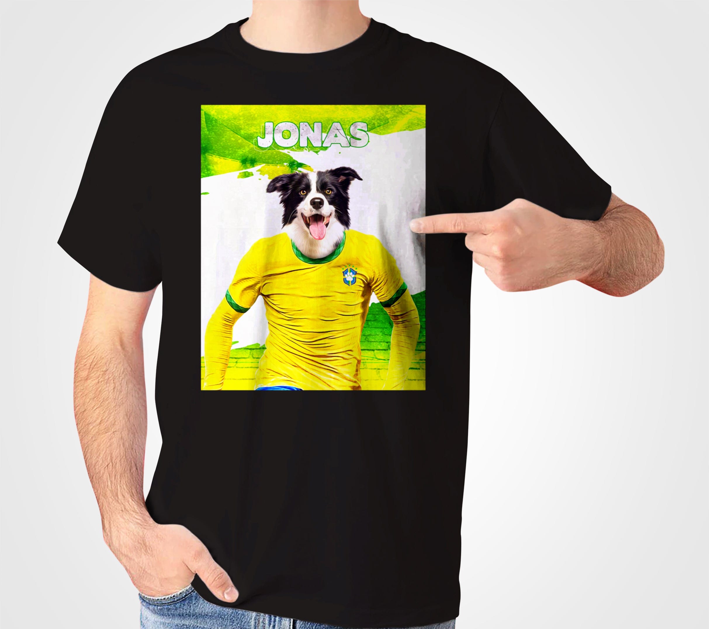 Black personalized pet t-shirt featuring a Border Collie in a yellow Brazil soccer jersey.
