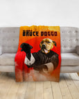 Personalized pet blanket with a Doggovinci portrait of a dog in a martial arts pose.