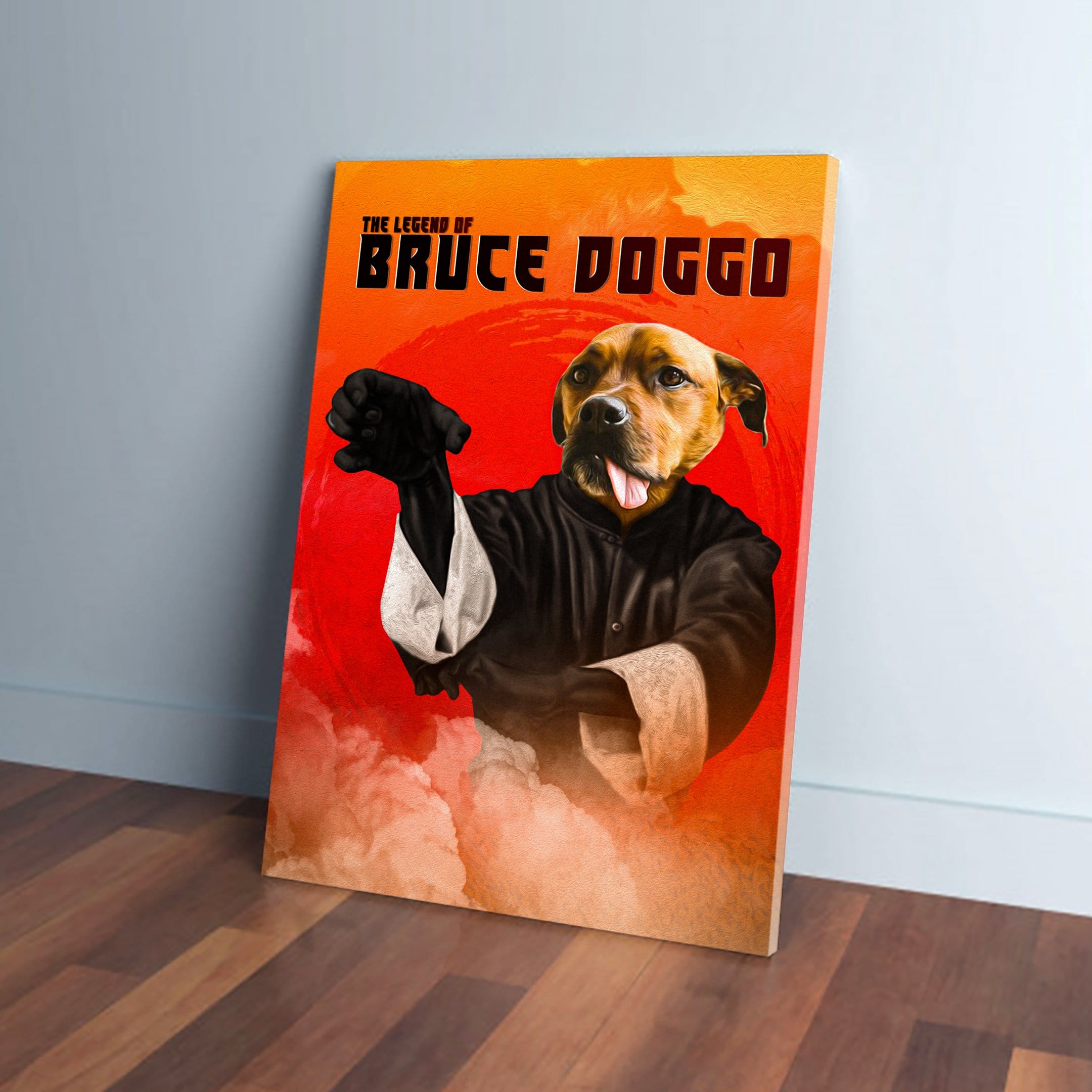 Personalized 'Bruce Doggo' pet canvas featuring a dog in a martial arts pose on an orange and red background.