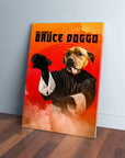 Personalized 'Bruce Doggo' pet canvas featuring a dog in a martial arts pose on an orange and red background.