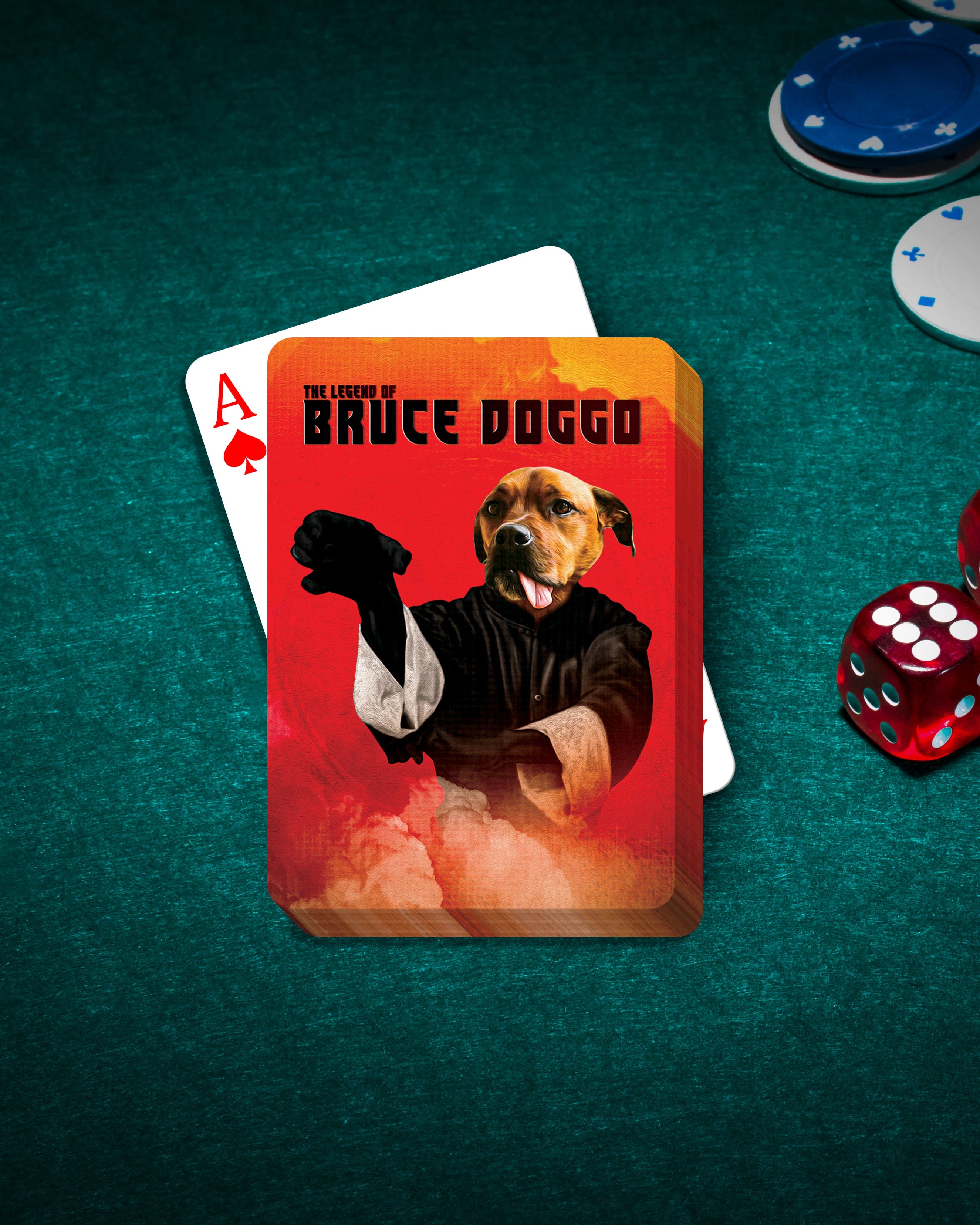 Personalized playing cards featuring a dog in a martial arts costume on a red background, with poker chips and dice.