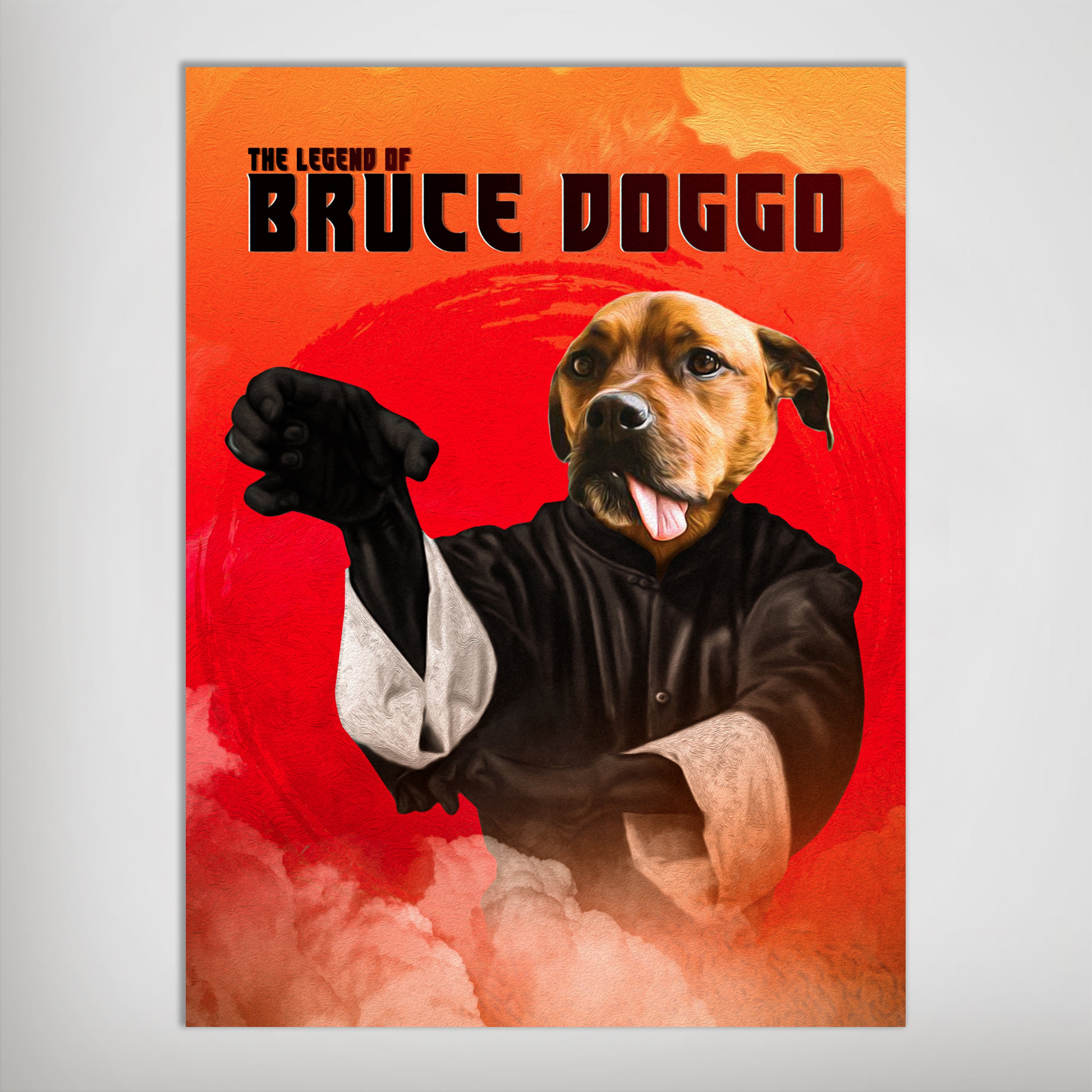 Personalized 'Bruce Doggo' pet poster featuring a dog in a black martial arts uniform on a vibrant red background.