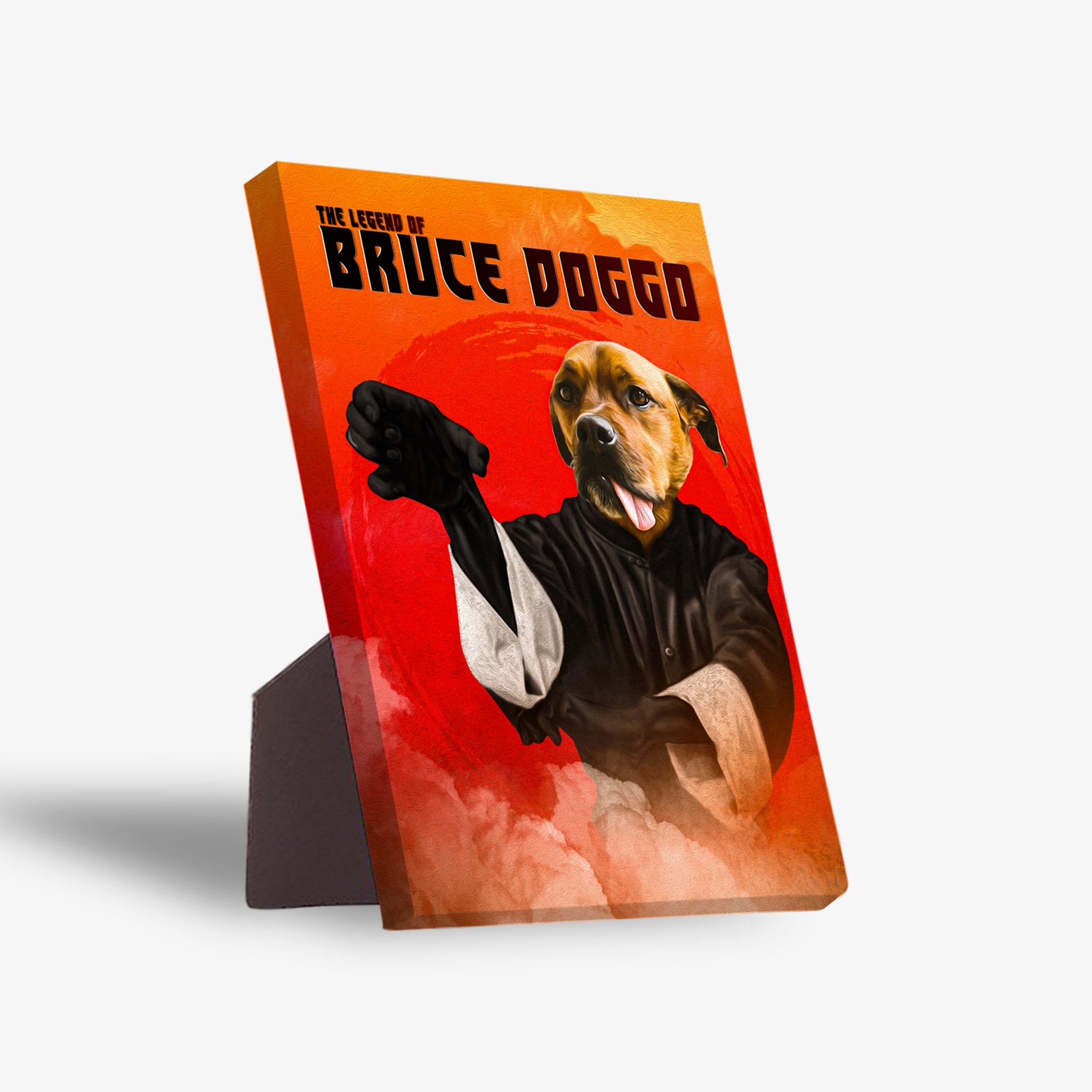 Personalized "Bruce Doggo" pet standing canvas featuring a dog in a martial arts pose on an orange background.