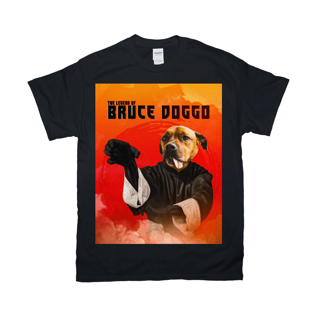Black Gildan unisex t-shirt with a "Bruce Doggo" personalized pet design in a martial arts pose.