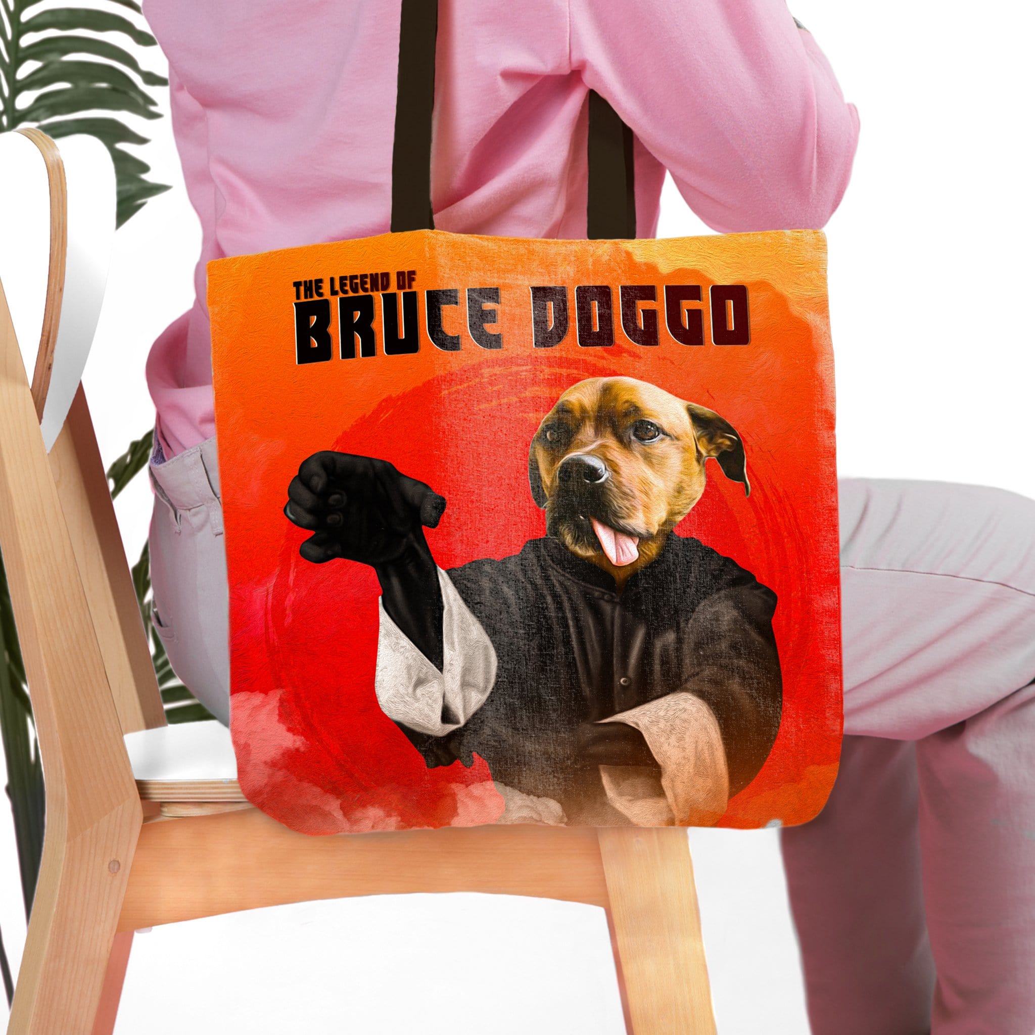 Personalized "Bruce Doggo" tote bag with a custom dog portrait in a martial arts style on an orange background.
