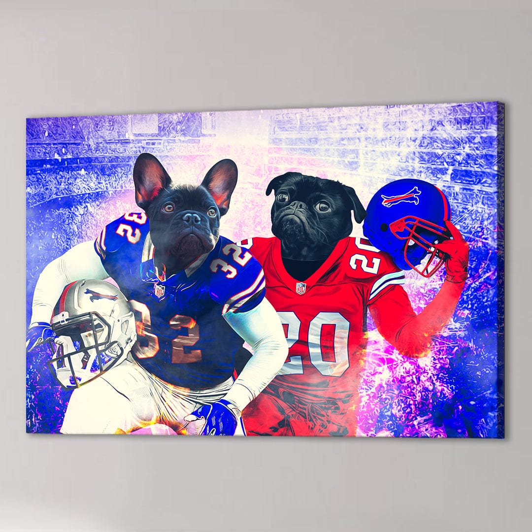 Personalized 'Buffalo Doggos' canvas featuring two pets as football players in blue and red jerseys.