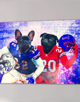 Personalized 'Buffalo Doggos' canvas featuring two pets as football players in blue and red jerseys.