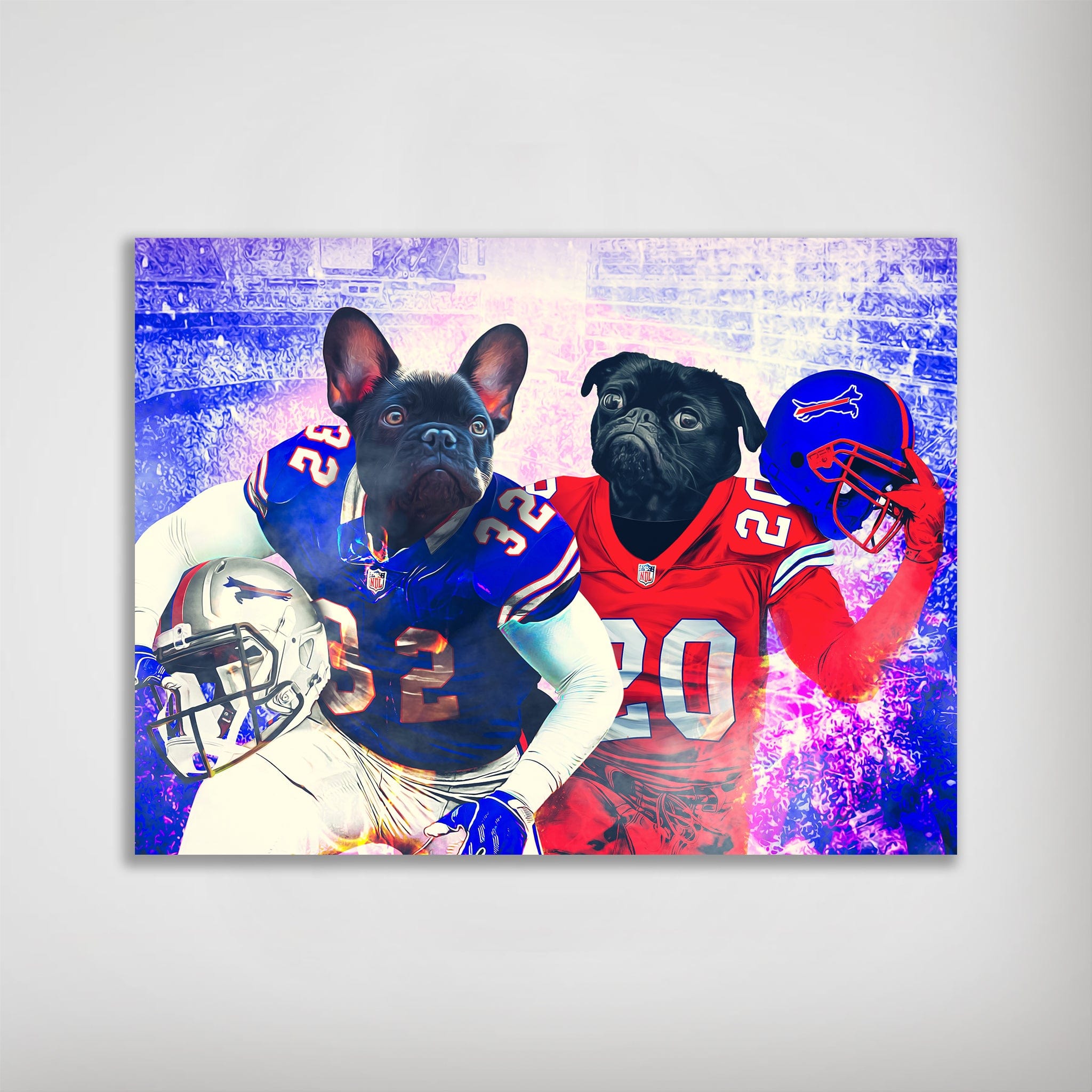 Personalized "Buffalo Doggos" poster featuring two pets as football players in blue and red jerseys.