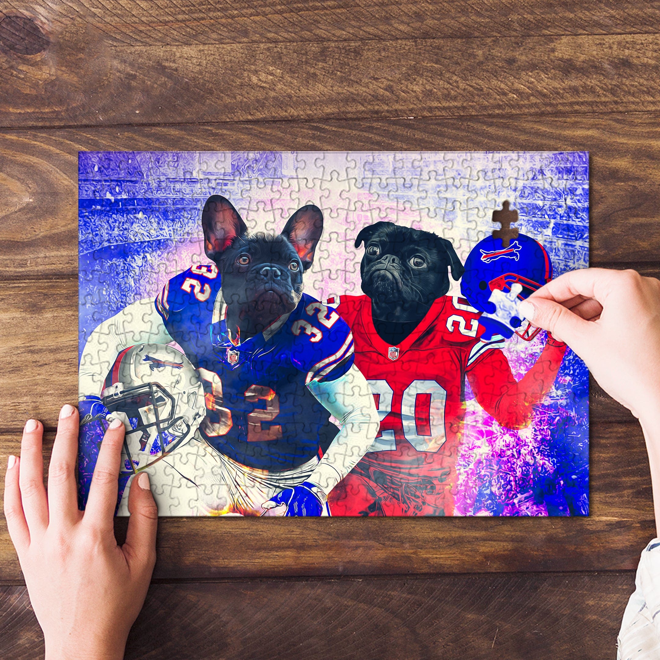 Personalized 2 pet puzzle featuring two French Bulldogs in Buffalo Bills football uniforms.