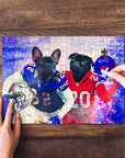 Personalized 2 pet puzzle featuring two French Bulldogs in Buffalo Bills football uniforms.