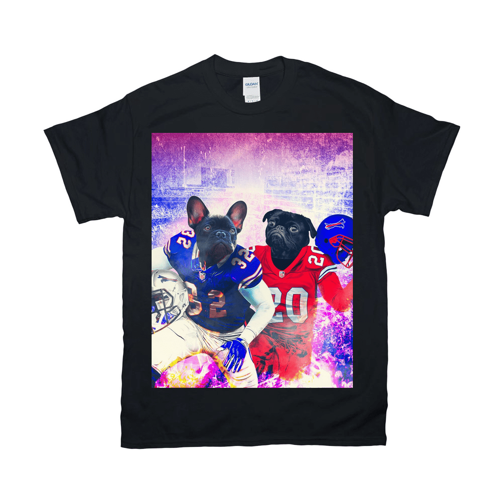 Black Gildan t-shirt with two personalized French bulldog pets in football uniforms.