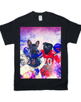 Black Gildan t-shirt with two personalized French bulldog pets in football uniforms.