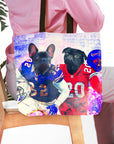 Personalized tote bag with two French Bulldog pet portraits in Buffalo Bills football uniforms.