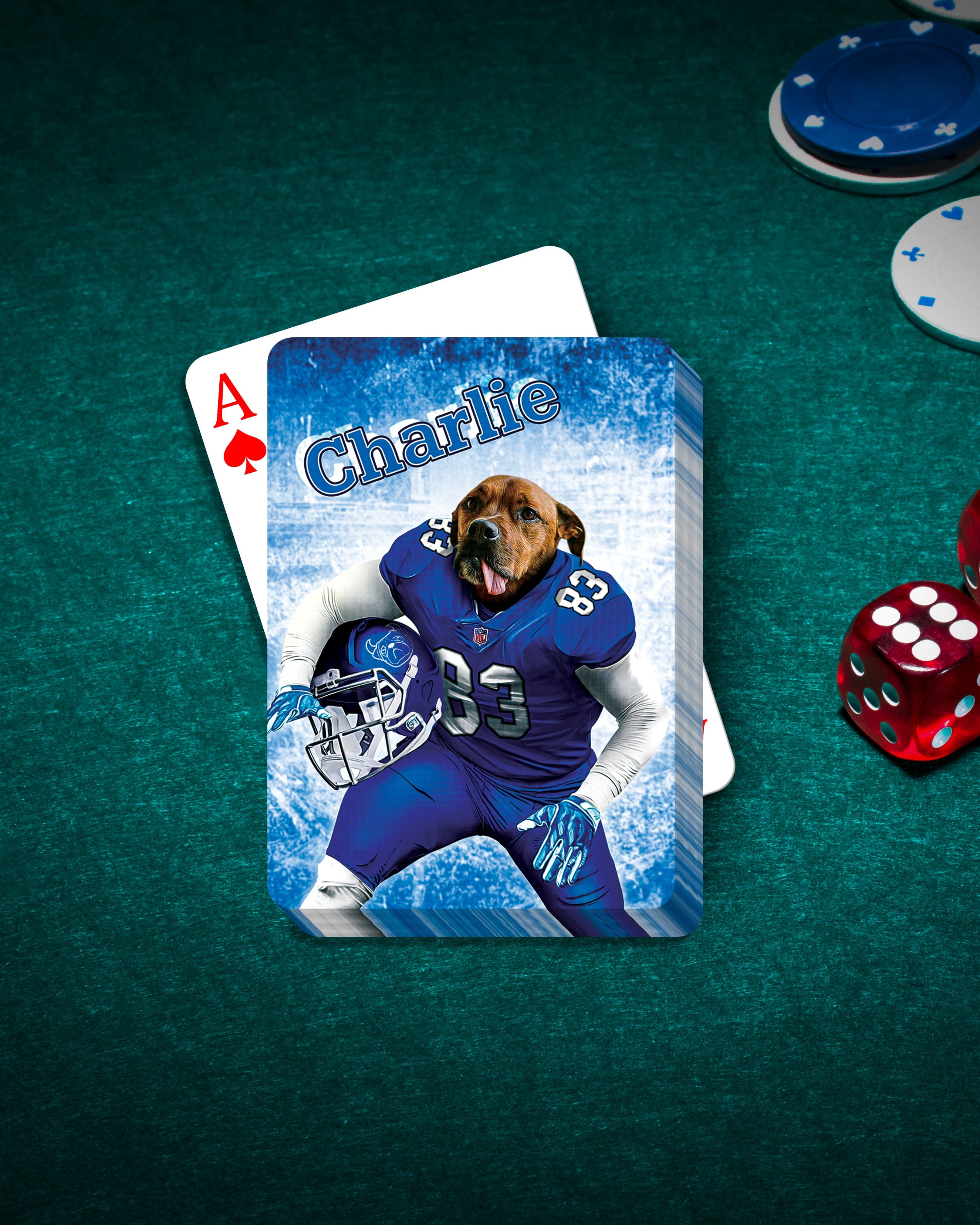 Personalized playing card featuring a dog in a blue football uniform, "Charlie" text, on a green felt table.